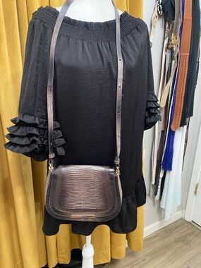 Brahmin Textured Leather Crossbody Bag - Brown and silver Metallic